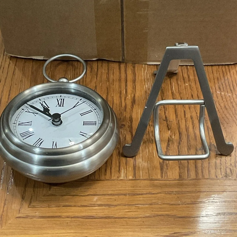 Pottery Barn Pocket Watch Clock with Easel Nickel Finish Round Working